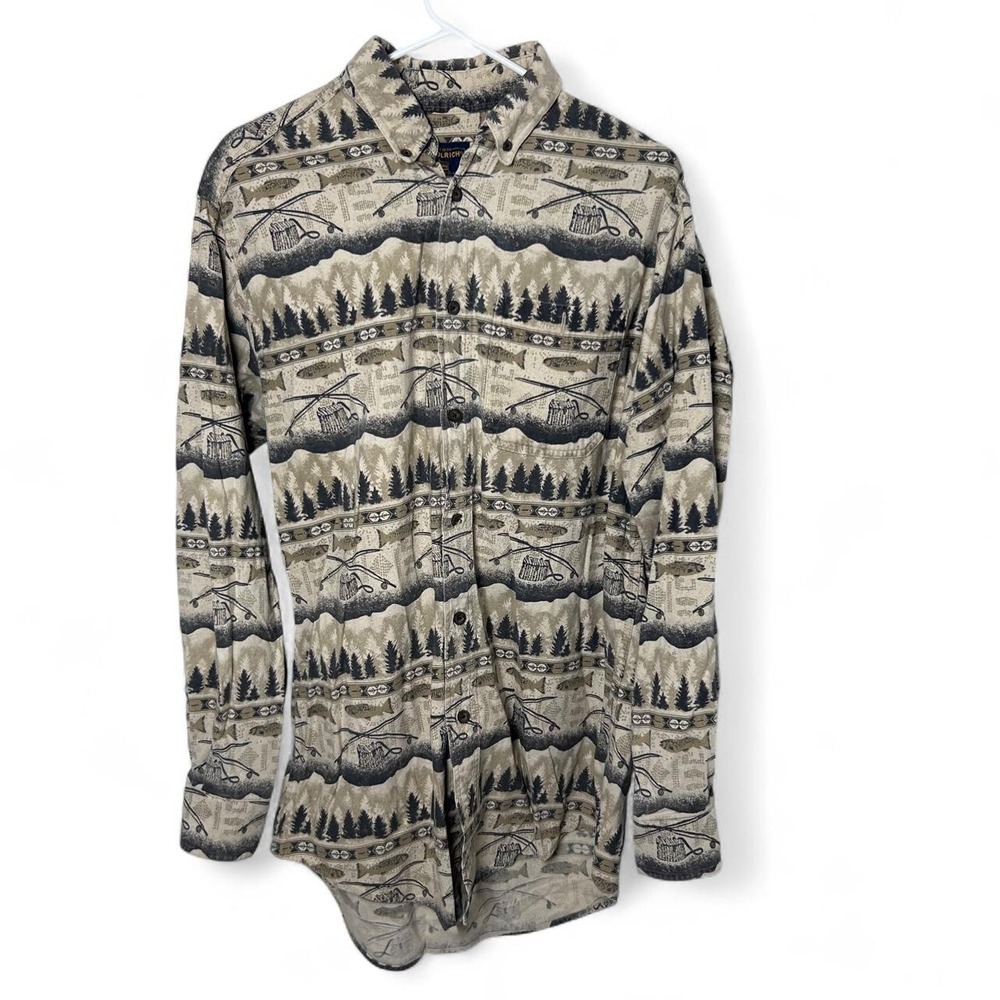 Woolrich Mens Large Sleeve‎ Shirt Flannel Cotton Fly Fishing Print Button Down